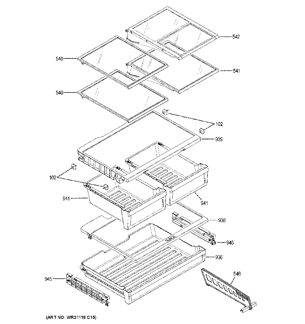 Fresh Food Shelves Diagram and Parts List for GFE24JBLPFTS  General Electric Refrigerator
