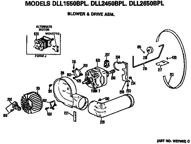 Blower And Drive Assembly Diagram and Parts List for DLL1550BPL  Hotpoint Dryer
