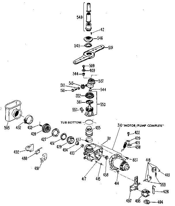 Motor-pump Assembly Diagram and Parts List for 3000B10  General Electric Dishwasher