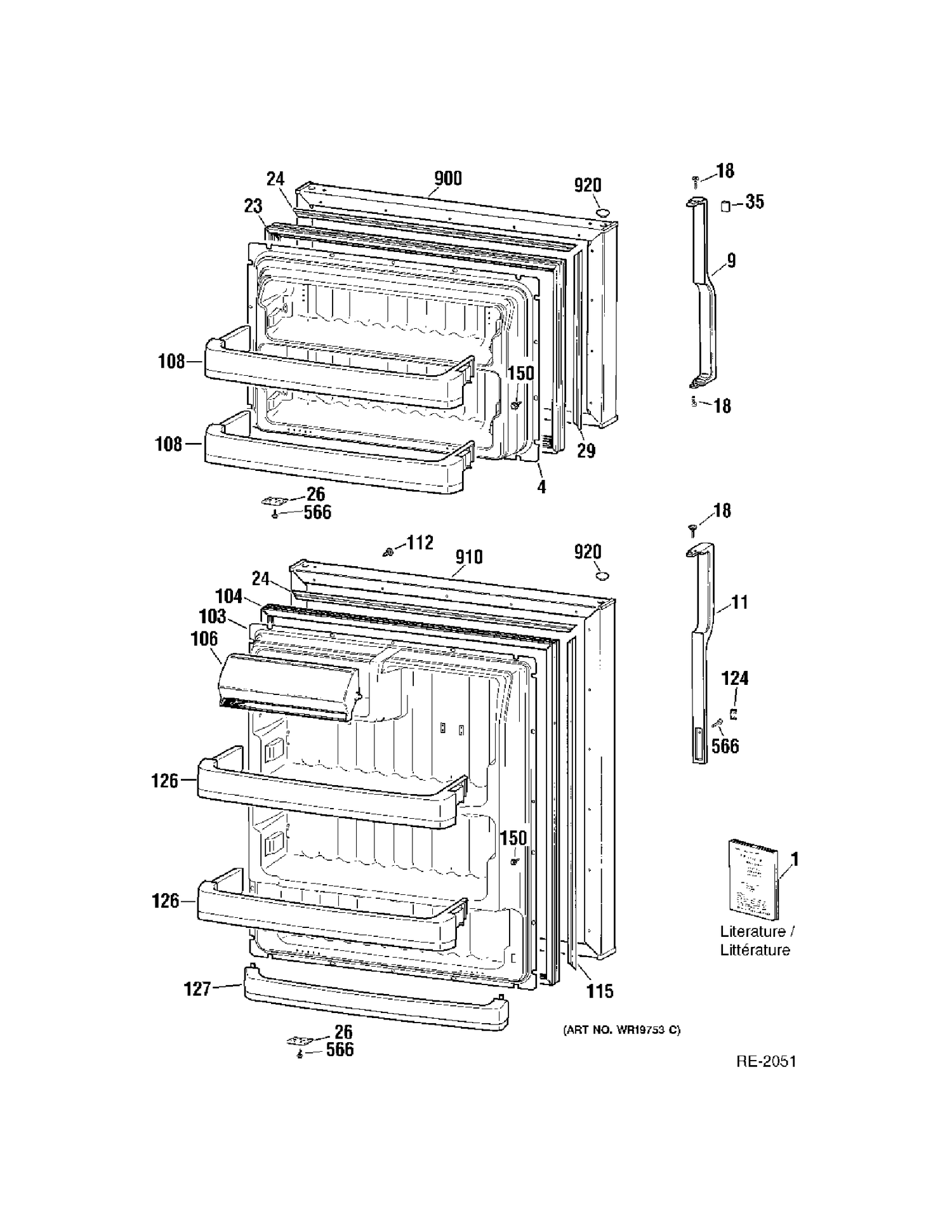 DOORS Diagram and Parts List for MTS18BBSERWW  General Electric Refrigerator