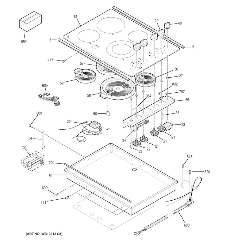 Control Panel & Cooktop Diagram and Parts List for JP3530SJ1SS  General Electric Cooktop