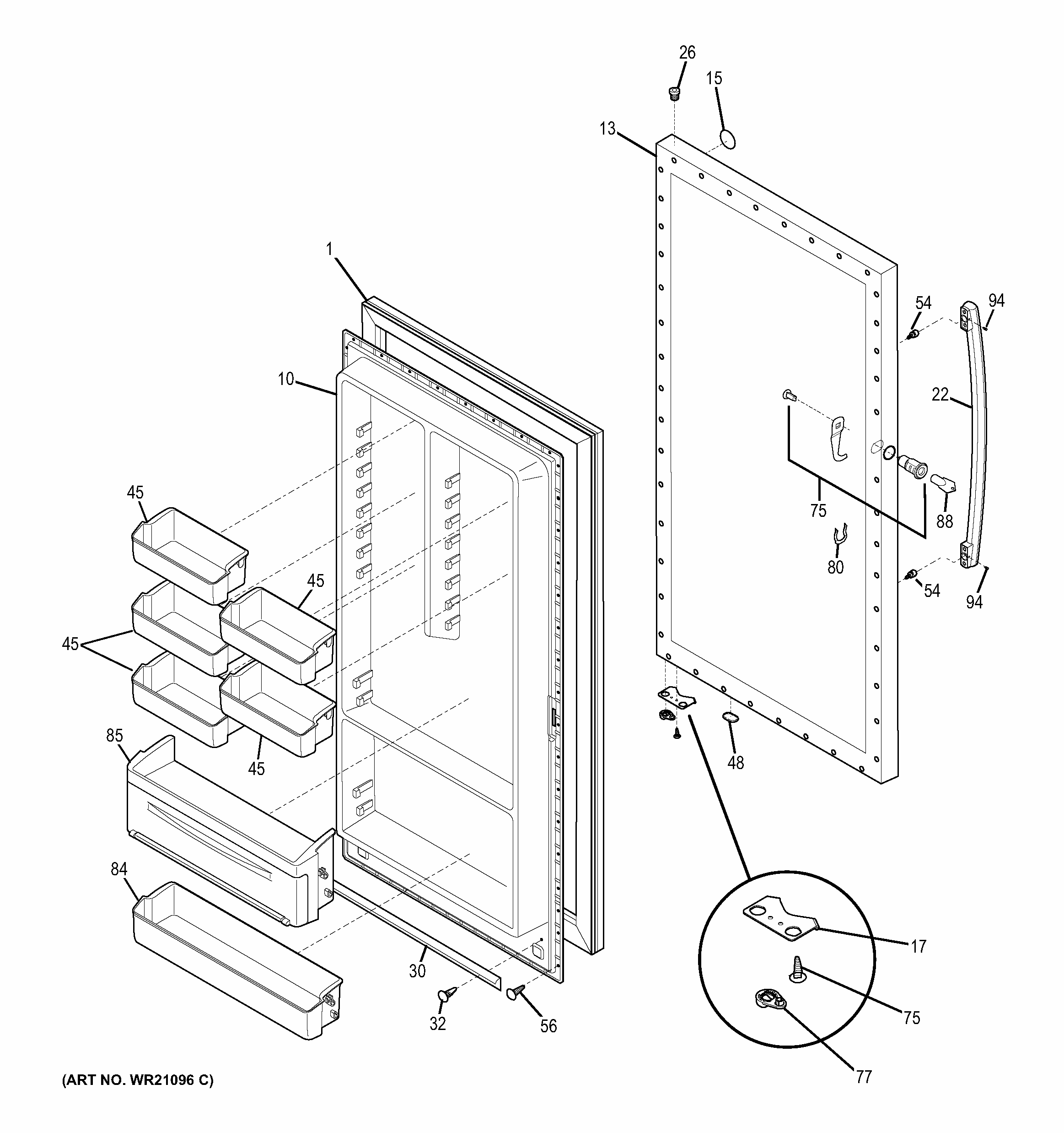 Door Diagram and Parts List for FUM21DHRBWW  General Electric Freezer