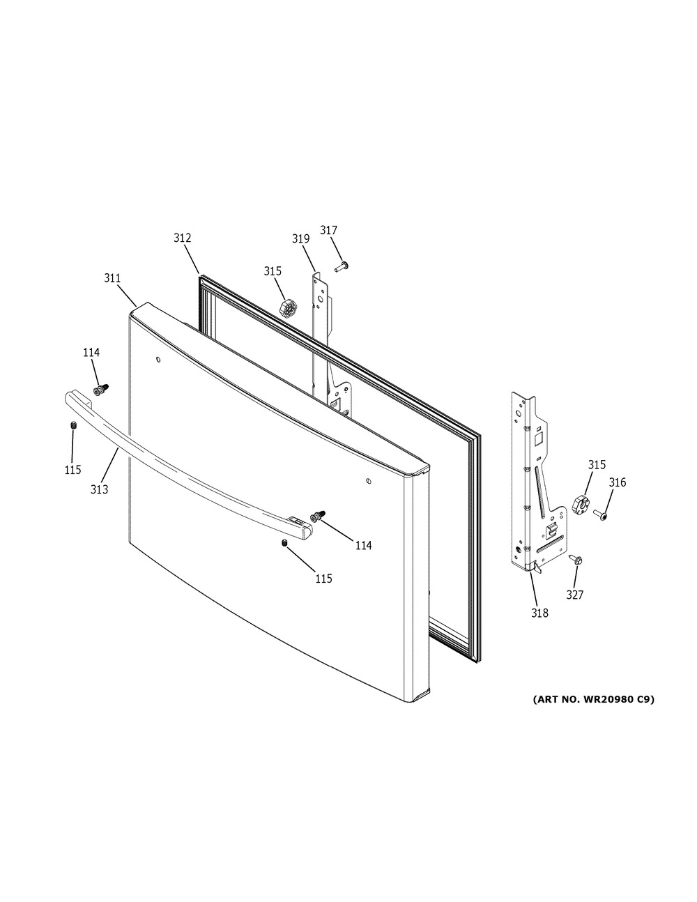 Freezer Door Diagram and Parts List for GFD28GYNBFS  General Electric Refrigerator