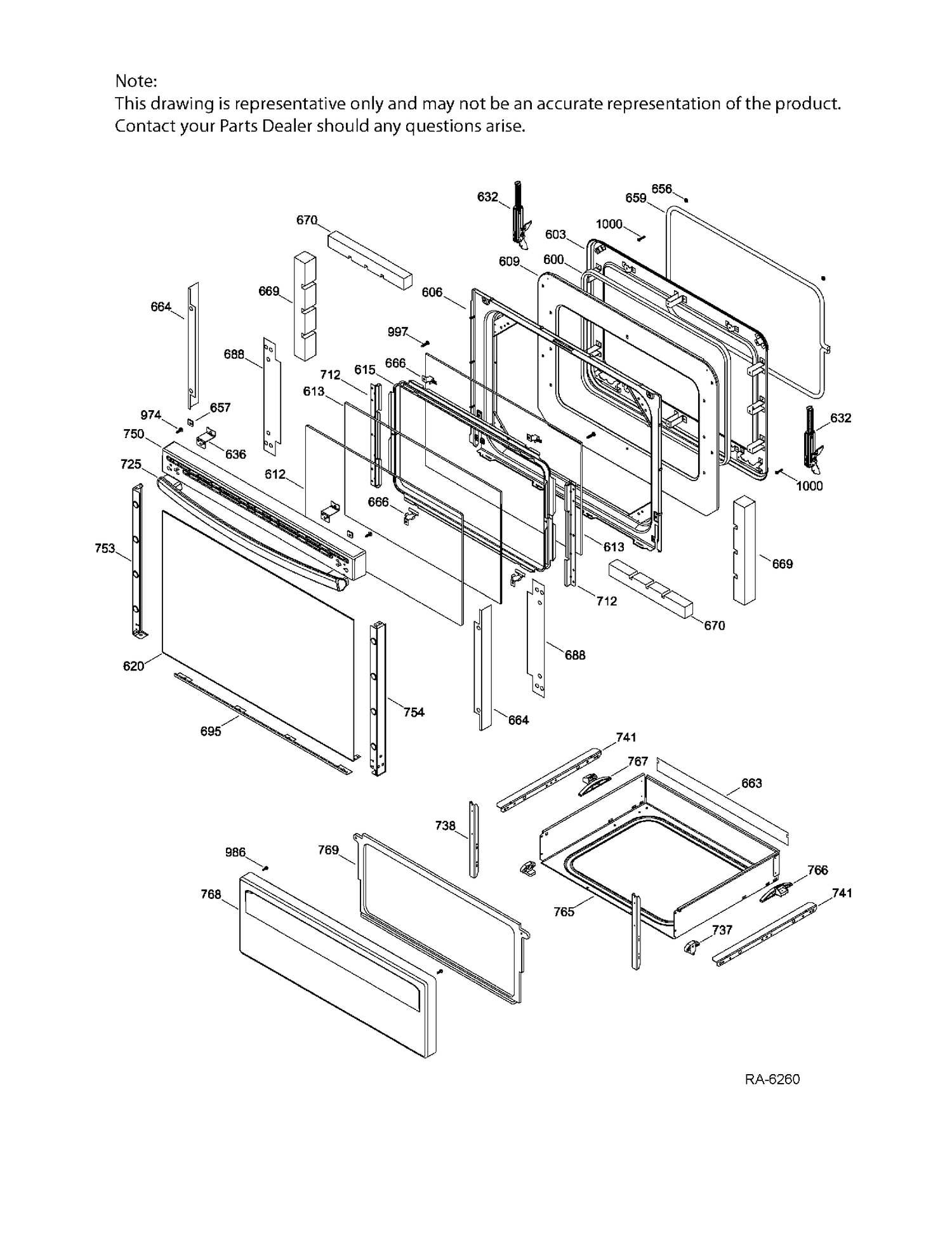 DOOR & DRAWER PARTS Diagram and Parts List for JCB730DF2WW  General Electric Range
