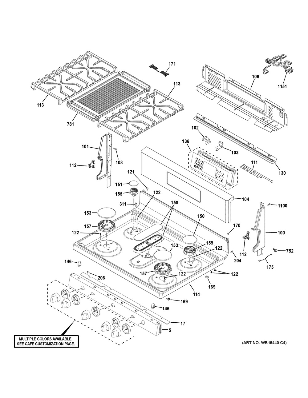 Control Panel & Cooktop Diagram and Parts List for CGB550P3M1D1  General Electric Range