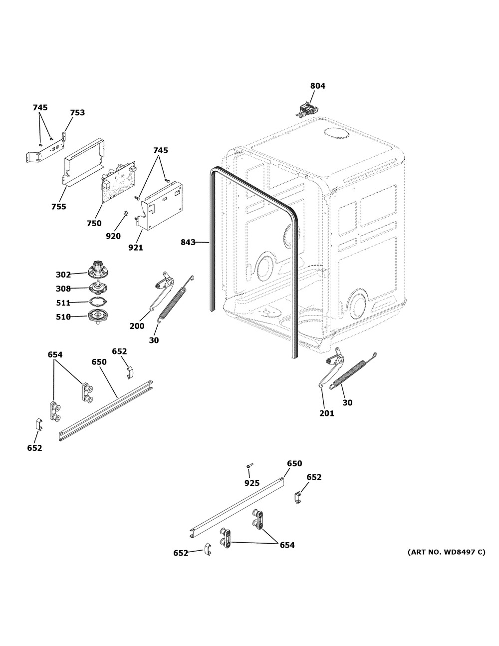 Body Parts 1 Diagram and Parts List for GPT145SSL0SS  General Electric Dishwasher