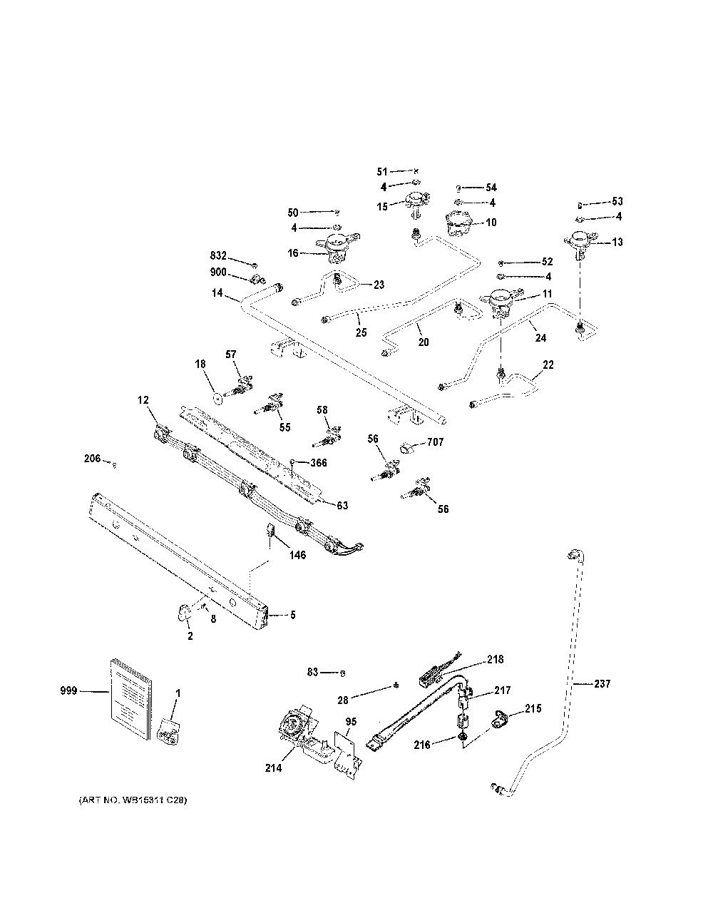 Gas And Burner Parts Diagram and Parts List for JGBS66DEK5BB  General Electric Range