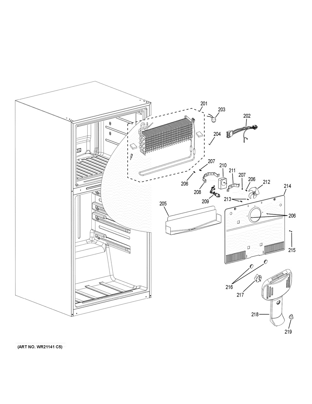 Freezer Section Diagram and Parts List for GTS21FMKCES  General Electric Refrigerator