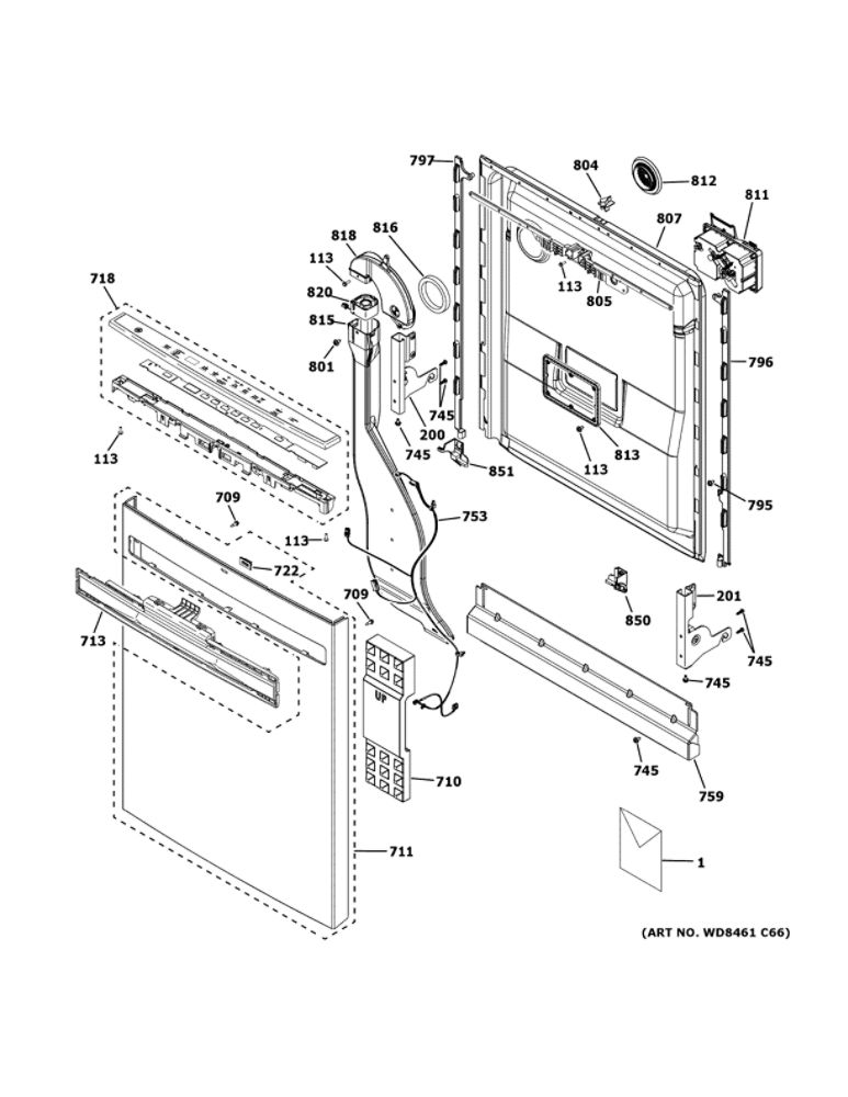 Escutcheon And Door Assembly Diagram and Parts List for GDP665SYN5FS  General Electric Dishwasher