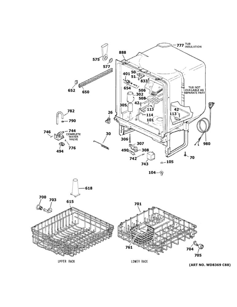 Body Parts Diagram and Parts List for GSD3301K70WW  General Electric Dishwasher