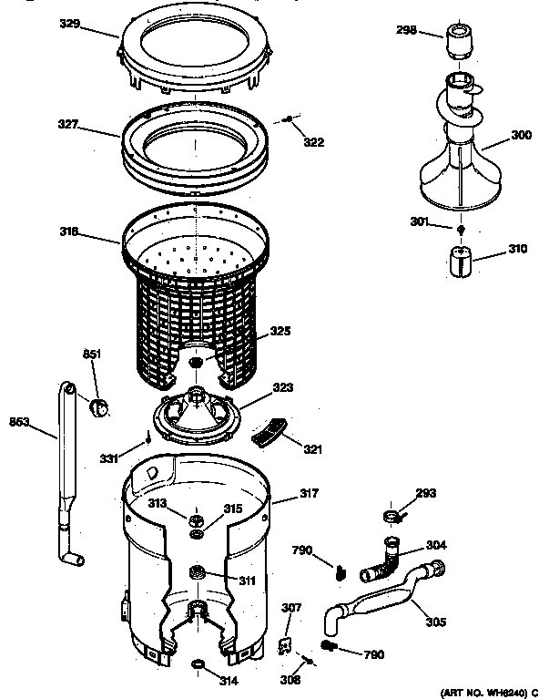 Tub, Basket & Agitator Diagram and Parts List for WDSR110T5WW  General Electric Washer