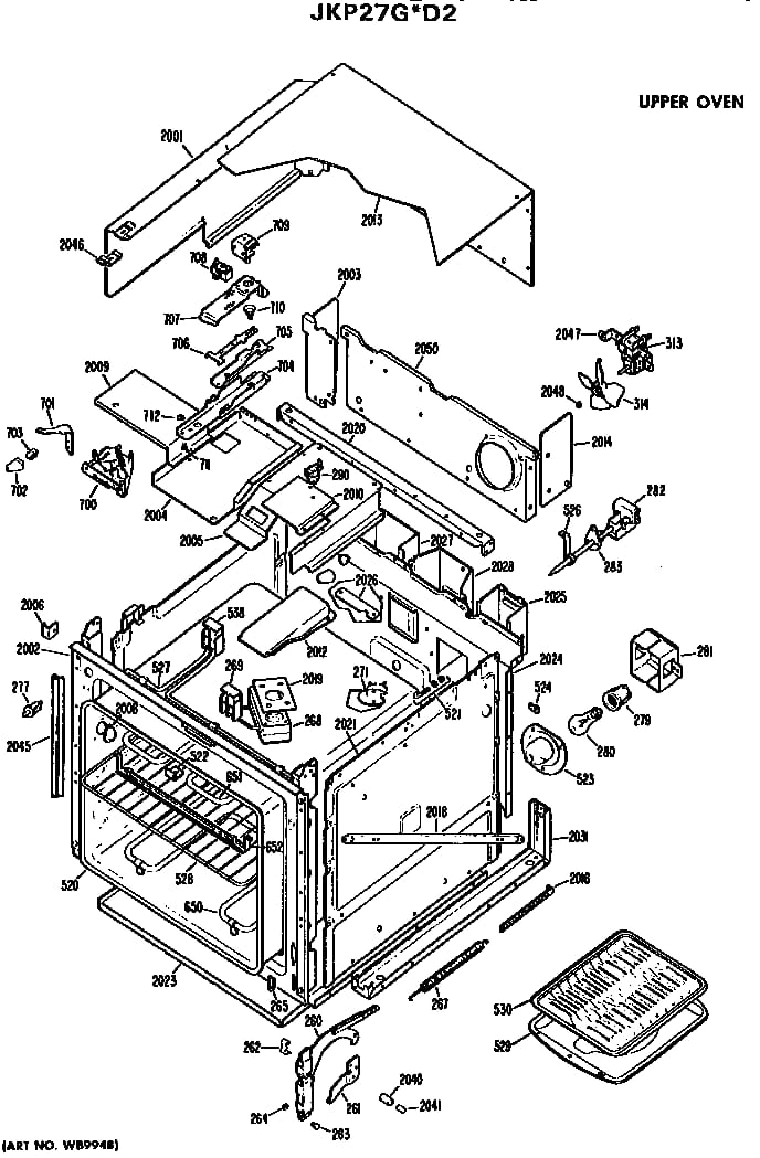 Upper Oven Diagram and Parts List for JKP27G*D2  General Electric Wall Oven