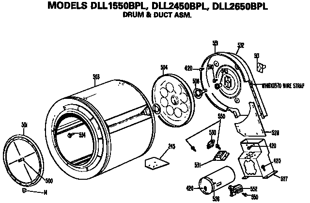 Drum And Duct Assembly Diagram and Parts List for DLL1550BPL  Hotpoint Dryer