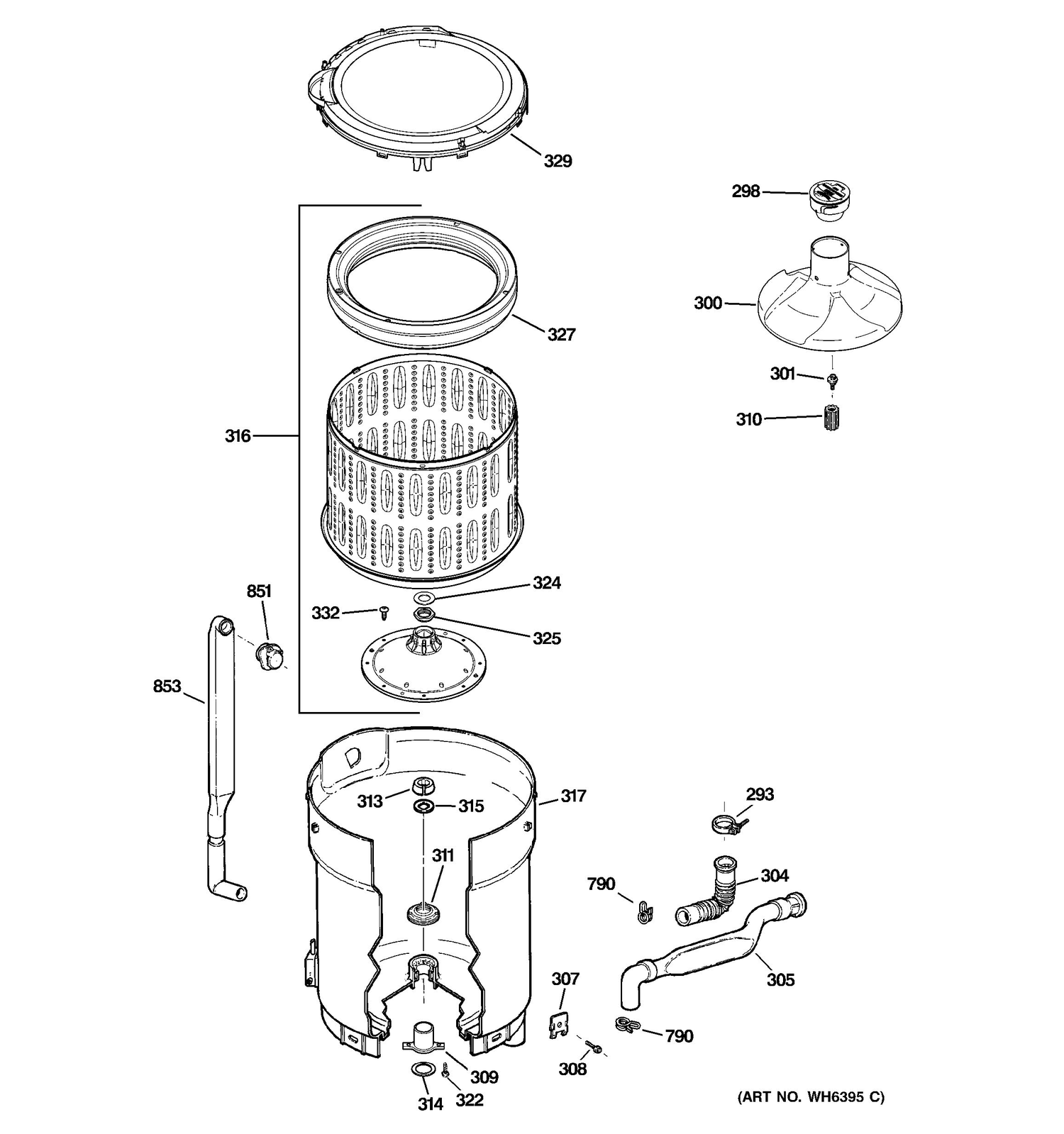 TUB, BASKET & AGITATOR Diagram and Parts List for 58971K0WW  General Electric Washer