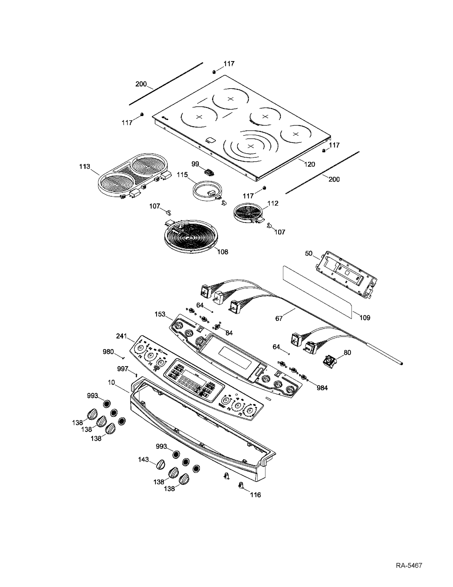 CONTROL PANEL & COOKTOP Diagram and Parts List for PCS905SR4SS  General Electric Range