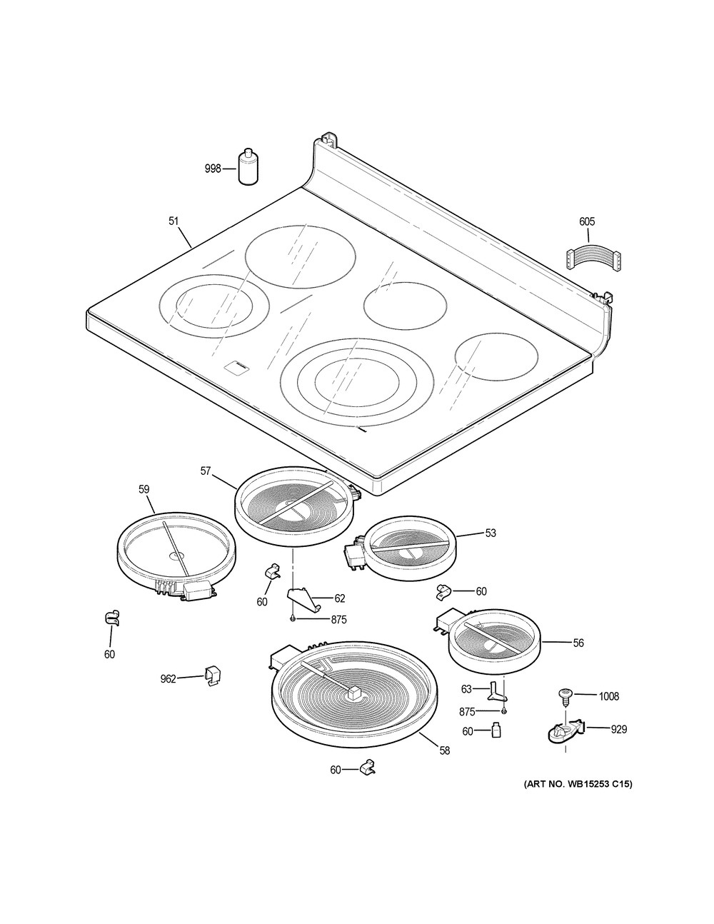 Cooktop Diagram and Parts List for PCB980SJ4SS  General Electric Range