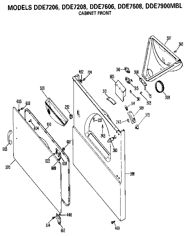 Cabinet Front Diagram and Parts List for DDE7608  General Electric Dryer