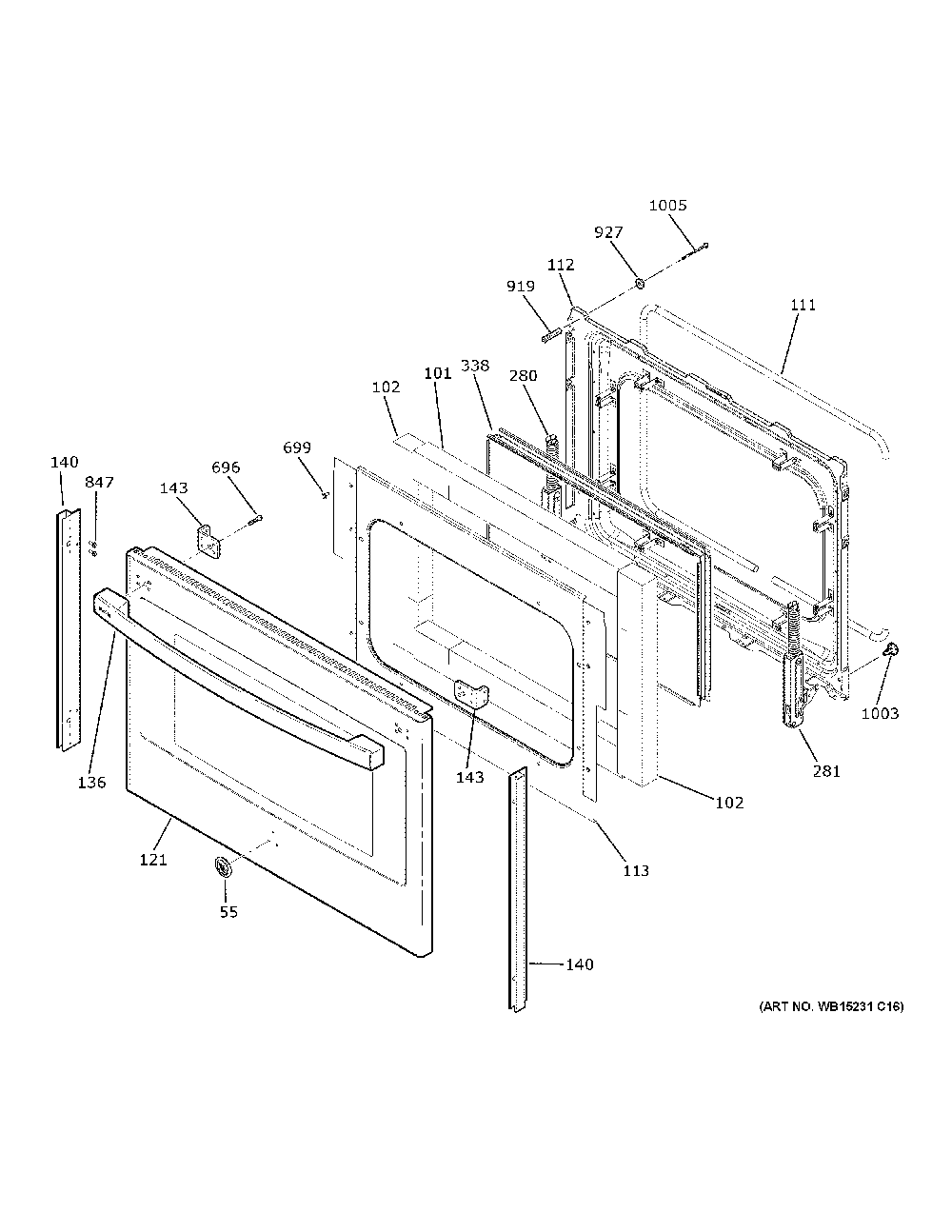 Lower Door Diagram and Parts List for PB965BP2TS  General Electric Range
