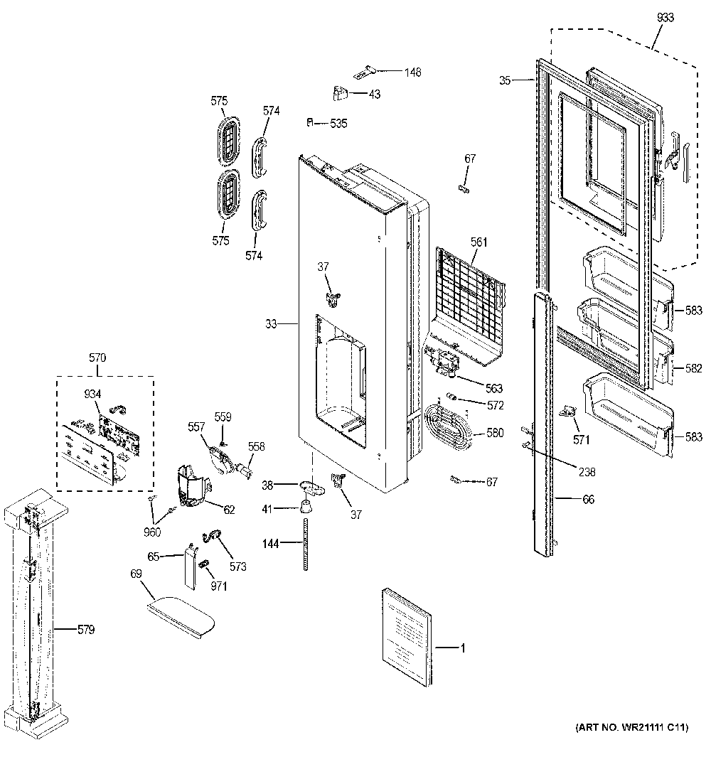 Dispenser door Diagram and Parts List for GFE26JYMKFFS  General Electric Refrigerator