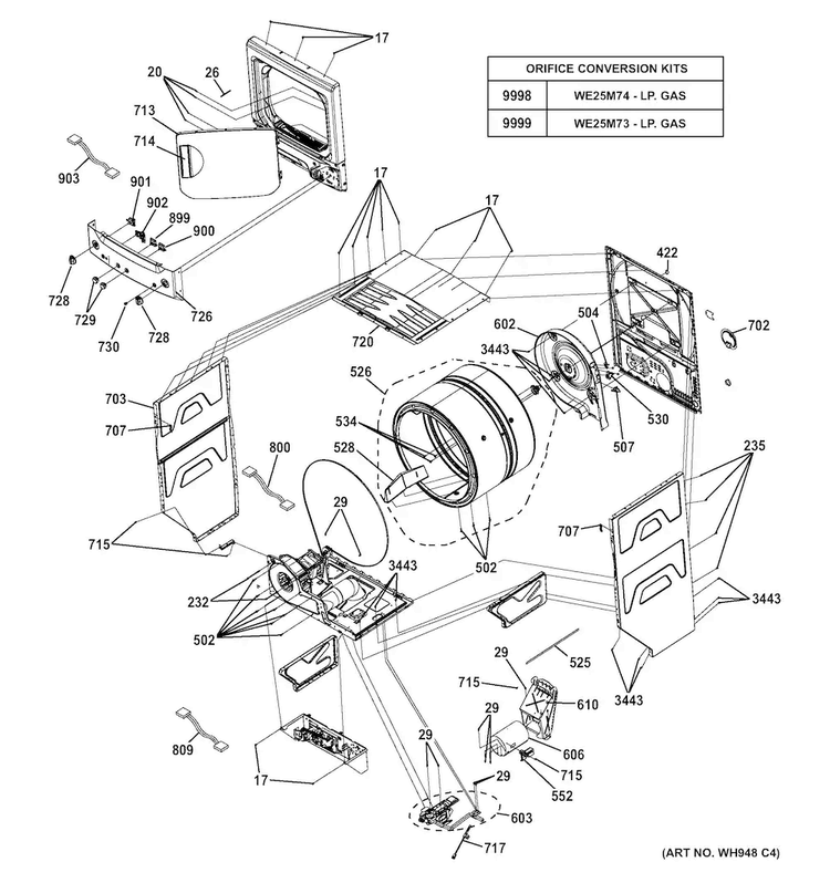 Cabinet Diagram and Parts List for GTUN275GM2WW  General Electric Washer Dryer Combo