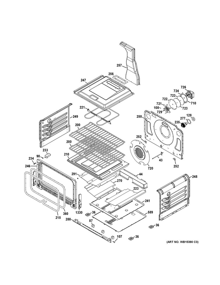 Lower Oven Diagram and Parts List for PGB950SEF3SS  General Electric Range