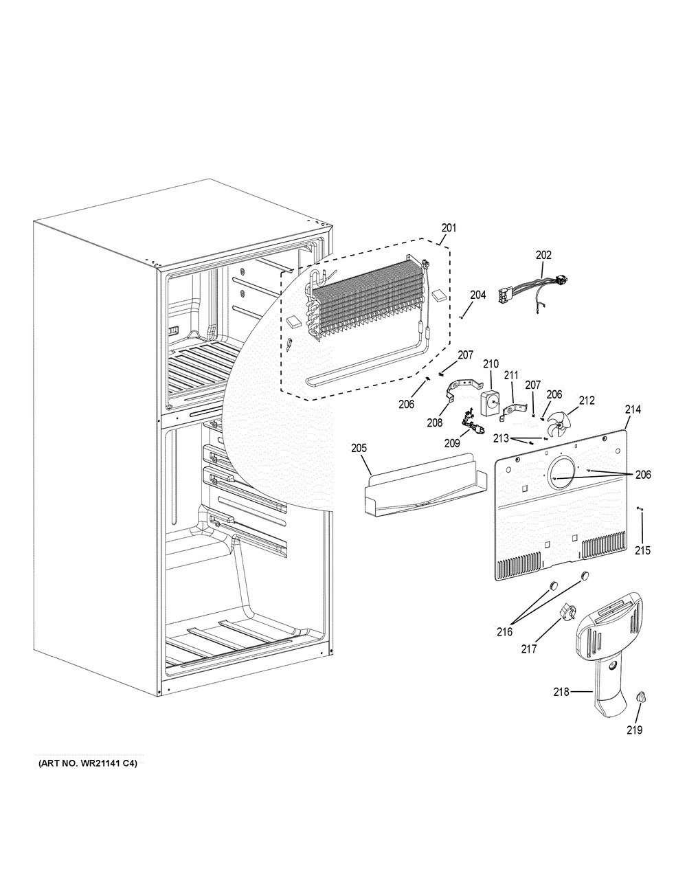 Freezer Section Diagram and Parts List for GTS18FGLCWW  General Electric Refrigerator