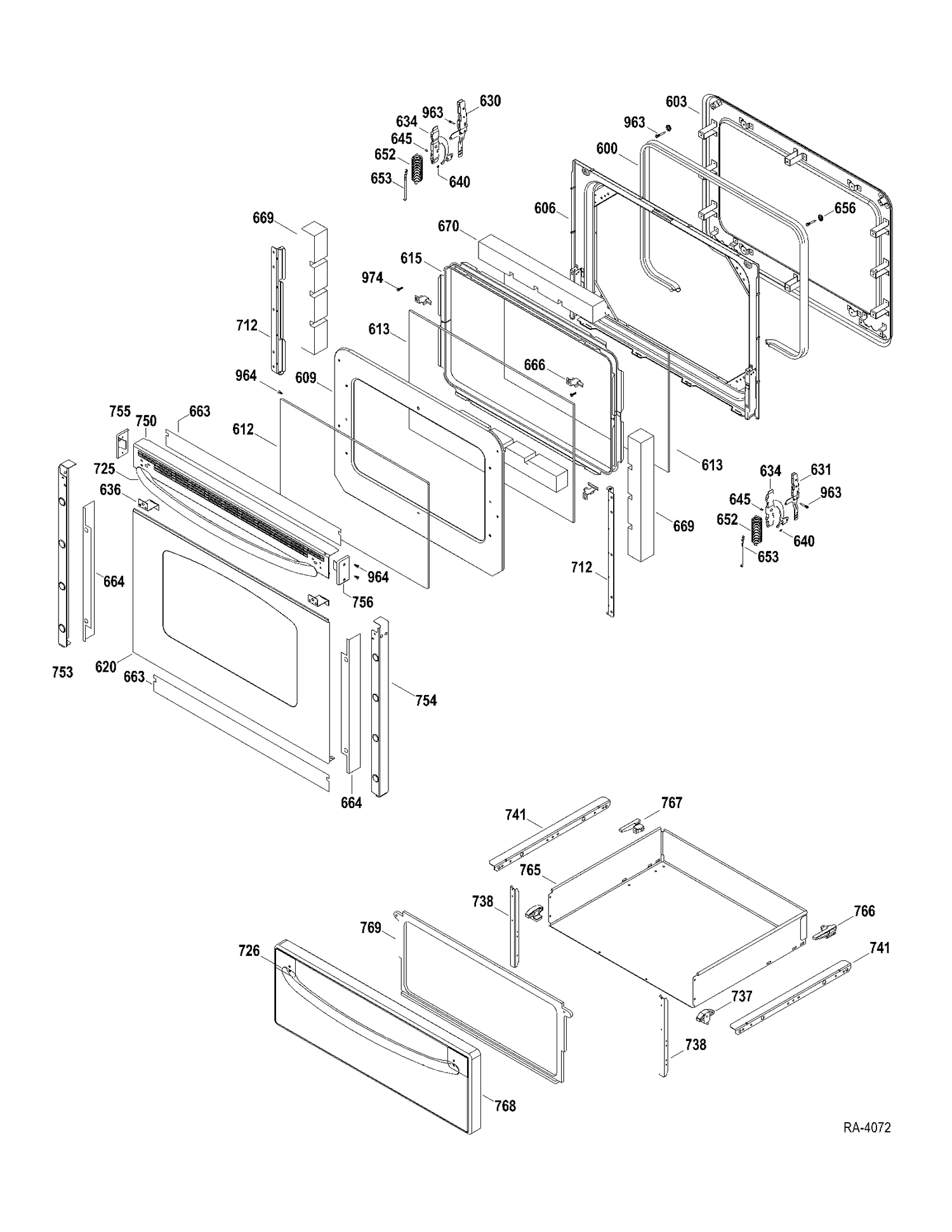 DOOR-DRAWER Diagram and Parts List for JCBP65MP4BS  General Electric Range