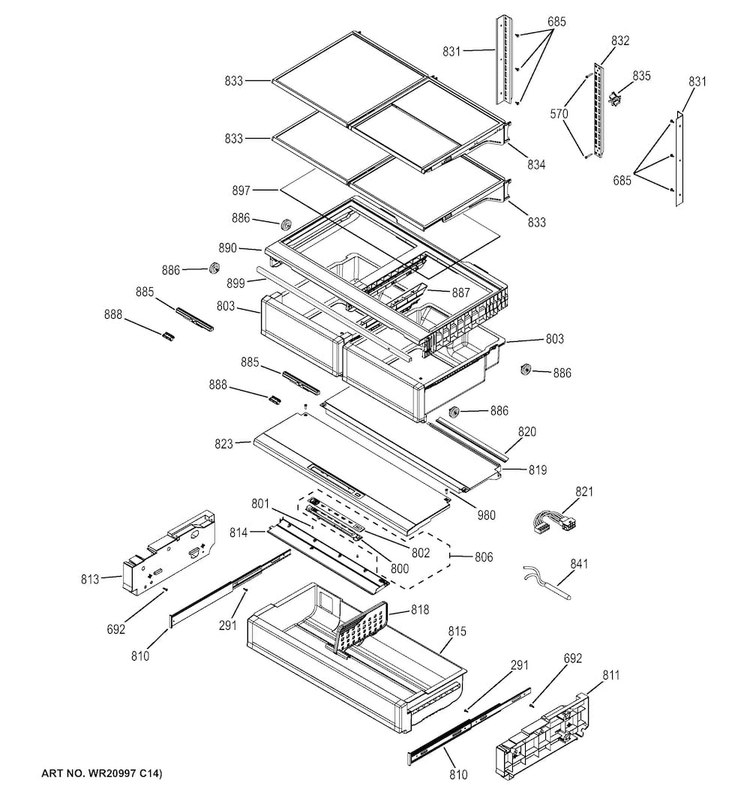 Fresh Food Shelves Diagram and Parts List for CYE23TSDFSS  General Electric Refrigerator