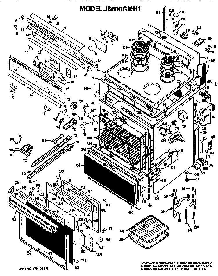 Main Body/cooktop/controls Diagram and Parts List for JB600G*H1  General Electric Range