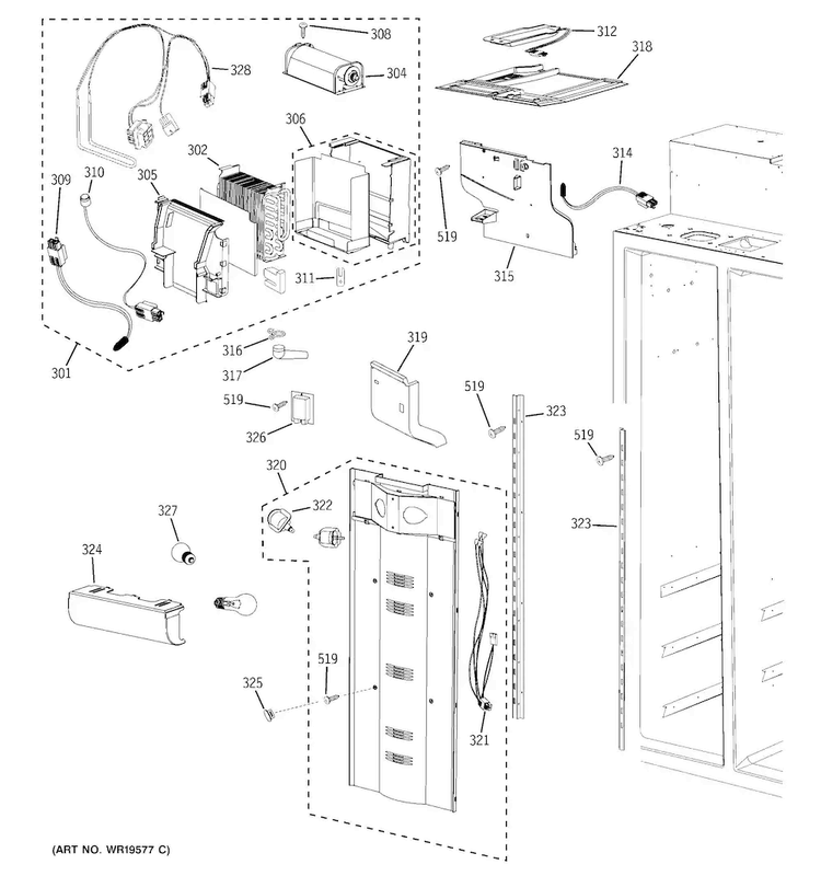 Freezer Section Diagram and Parts List for PSB48YSHASS  General Electric Refrigerator