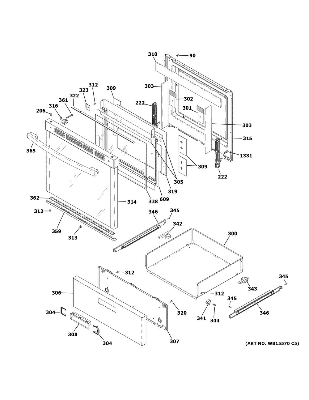 Door & Drawer Parts Diagram and Parts List for JGAS640RM1SS  General Electric Range