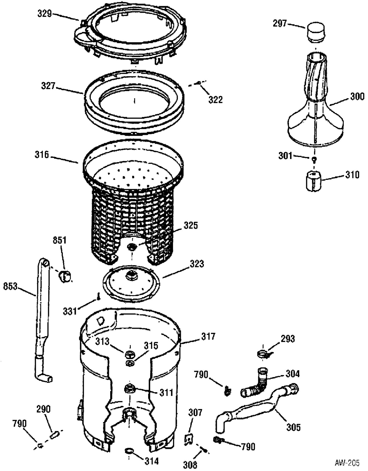 TUB & AGITATOR ASSEMBLY Diagram and Parts List for GBXR2060W0WW  General Electric Washer