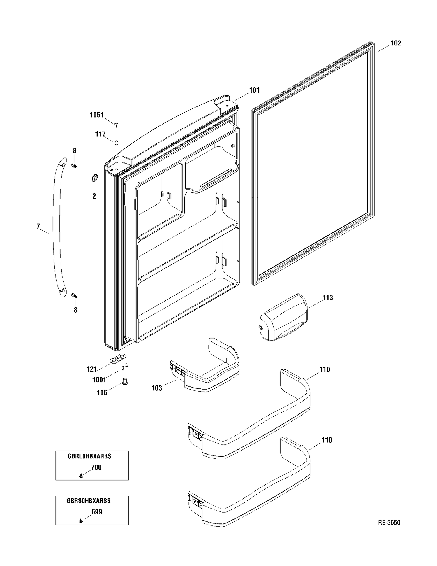 FF DOOR Diagram and Parts List for GBRS0HBXARSS  General Electric Refrigerator