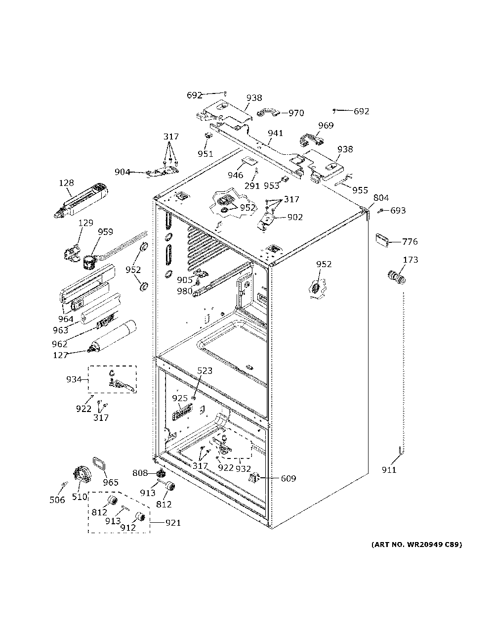 Case parts Diagram and Parts List for PFD28KBLKTS  General Electric Refrigerator