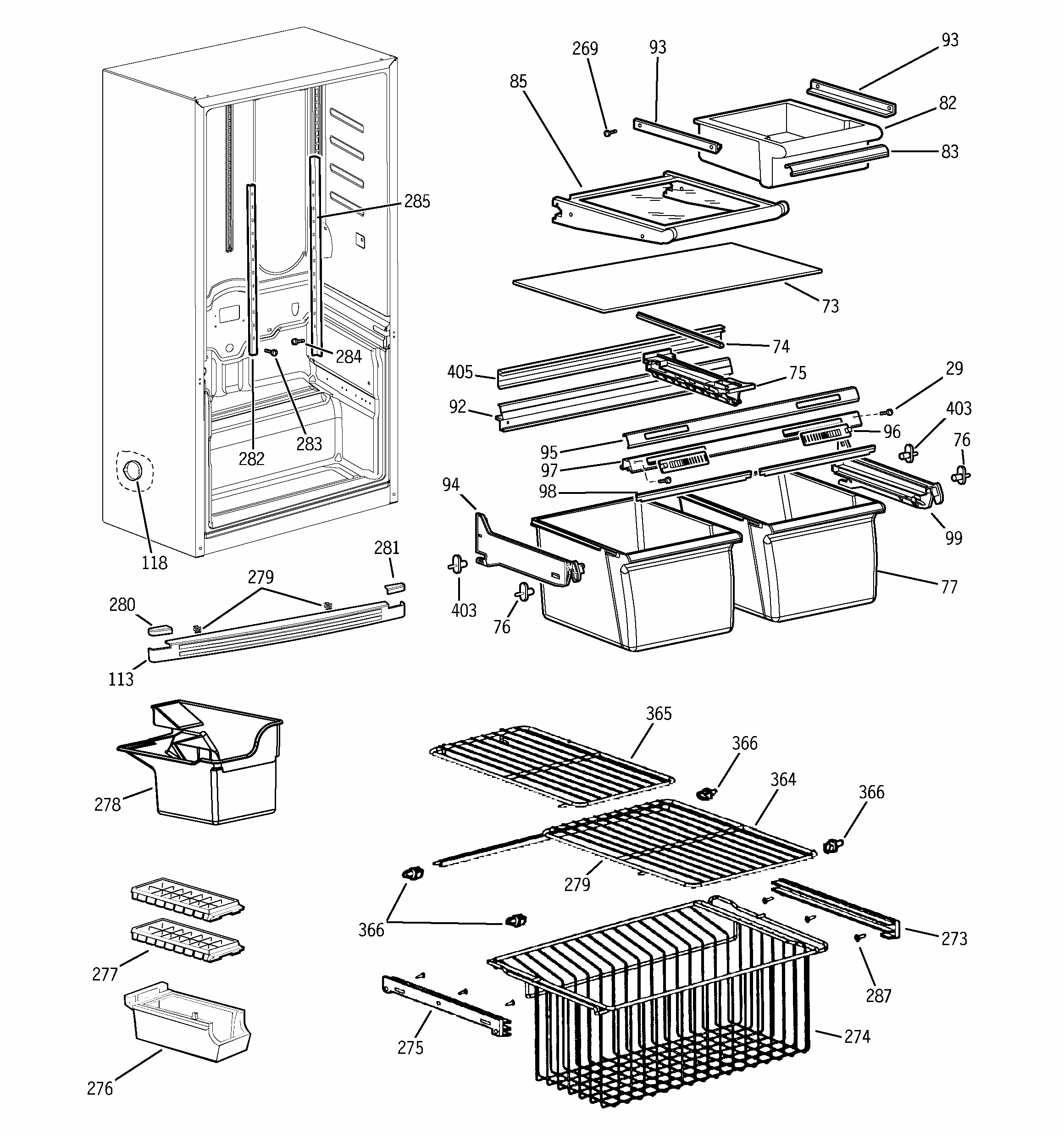 Shelves Diagram and Parts List for GBS18KBMWW  General Electric Refrigerator