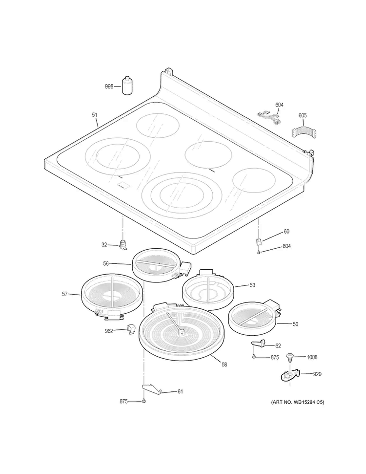 Cooktop Diagram and Parts List for JB755SJ2SS  General Electric Range