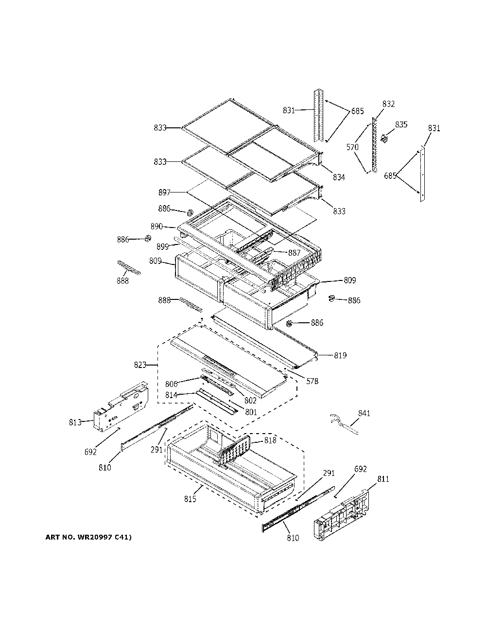 Fresh food shelves Diagram and Parts List for ZWE23ESHRSS  General Electric Refrigerator