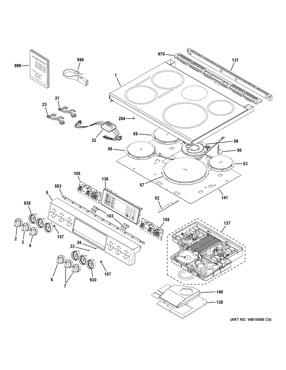 Control Panel & Cooktop Diagram and Parts List for CHS995SEL2SS  General Electric Range