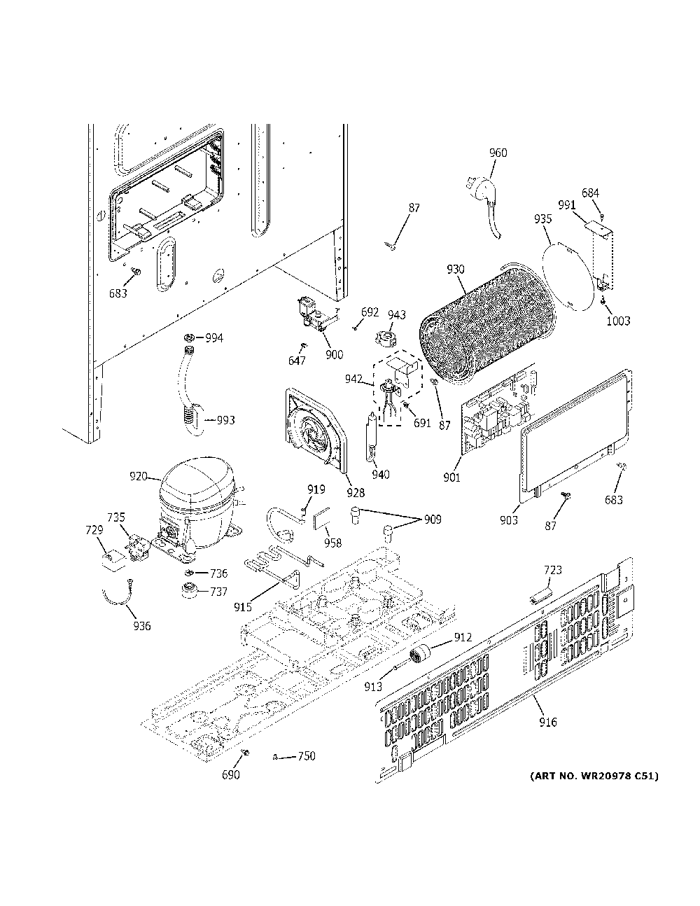 Machine compartment Diagram and Parts List for GFD28GMLHES  General Electric Refrigerator