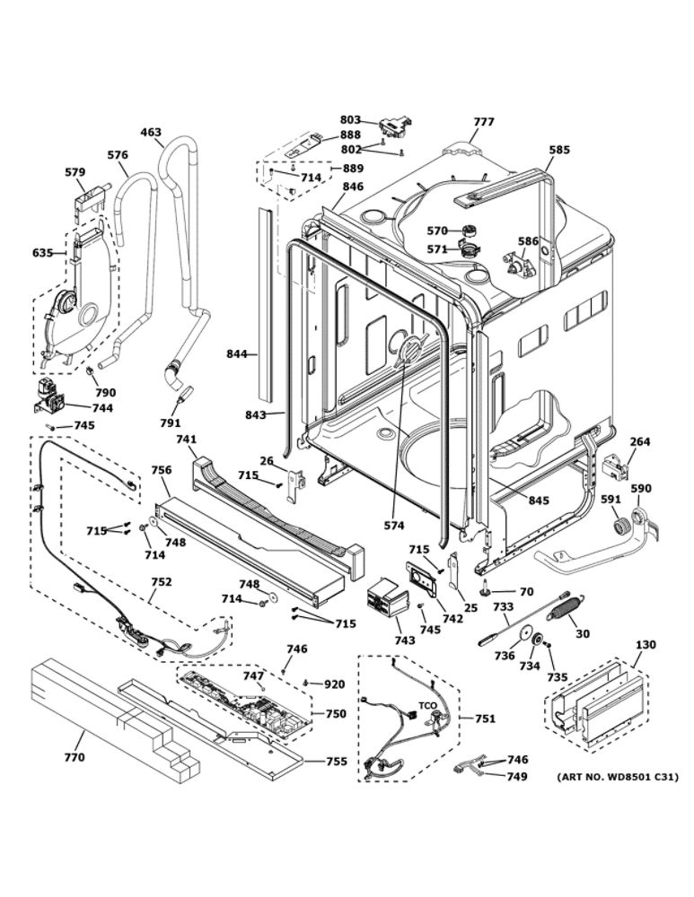 Body Parts 1 Diagram and Parts List for ZDT925SSN0SS  General Electric Dishwasher