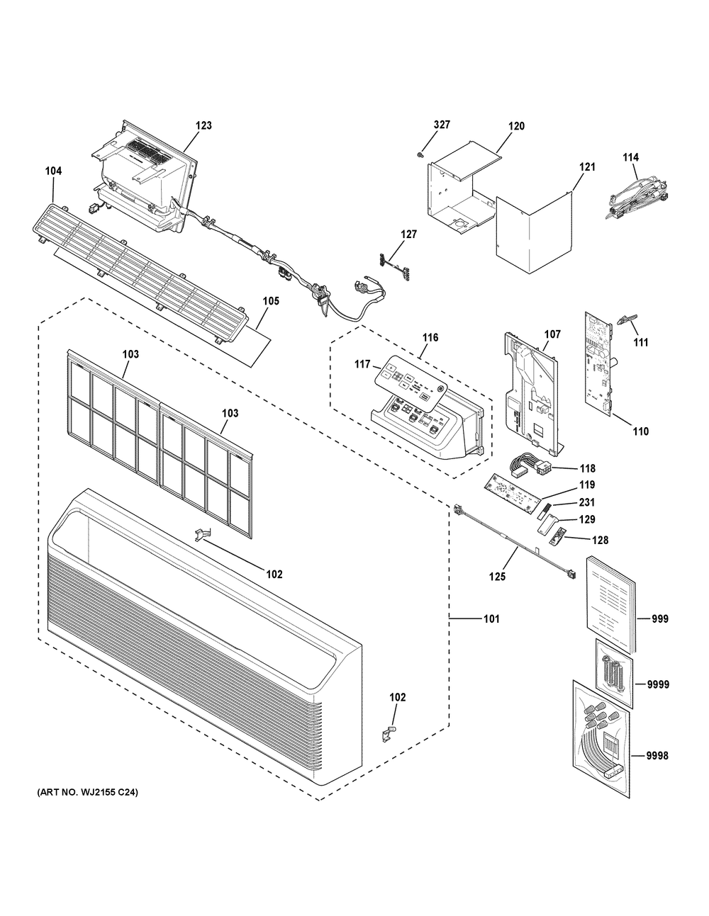 Grille And Control Parts Diagram and Parts List for AZVS15ECXWAK1  General Electric Air Conditioner