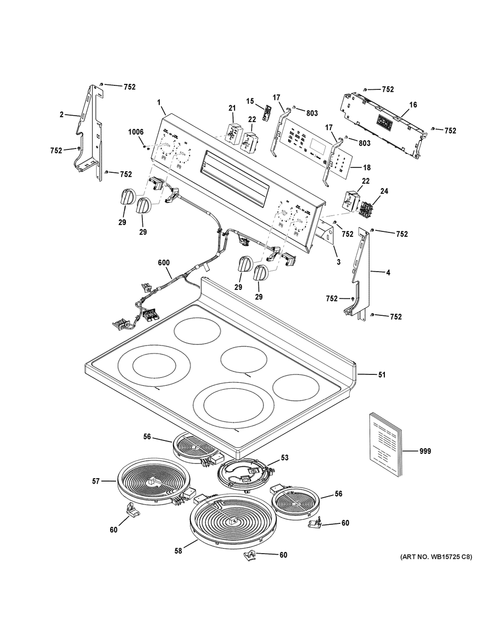 Control Panel And Cooktop Diagram and Parts List for GRF600AV2WW  General Electric Range