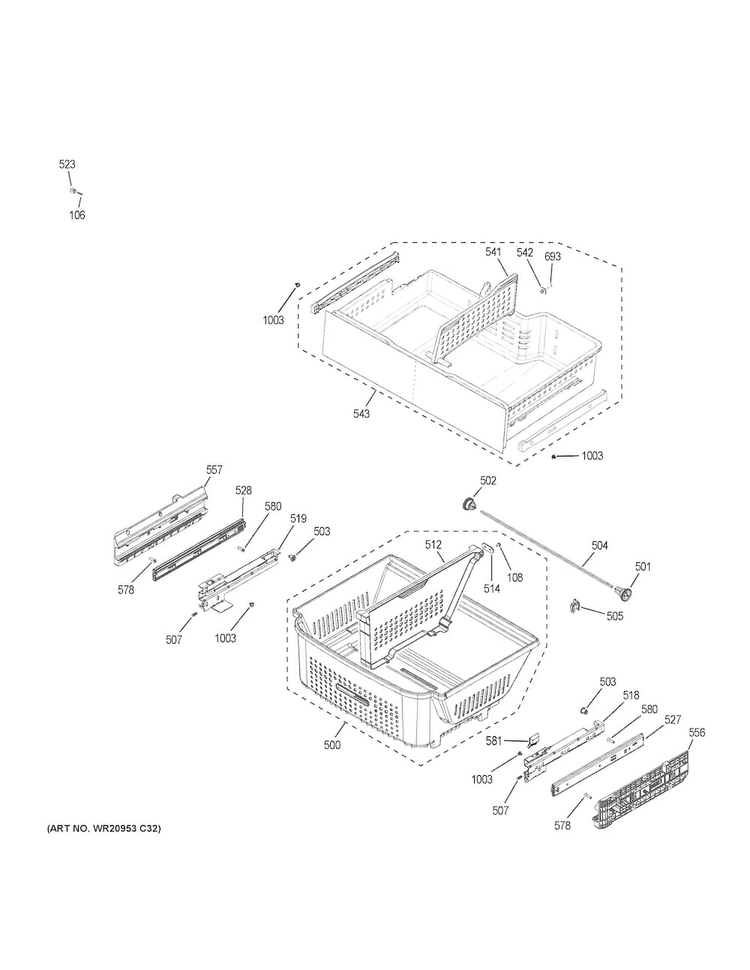 Freezer Shelves Diagram and Parts List for DFE28JMKCES  General Electric Refrigerator