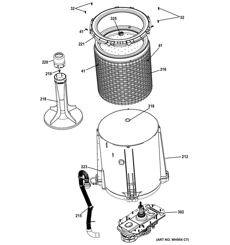 Tub, Basket & Agitator Diagram and Parts List for GTUP240GM4WW  General Electric Washer Dryer Combo
