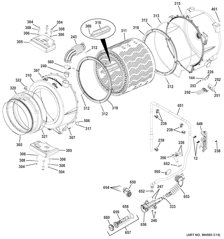Tub & Motor Diagram and Parts List for GFWR4805F2MC  General Electric Washer