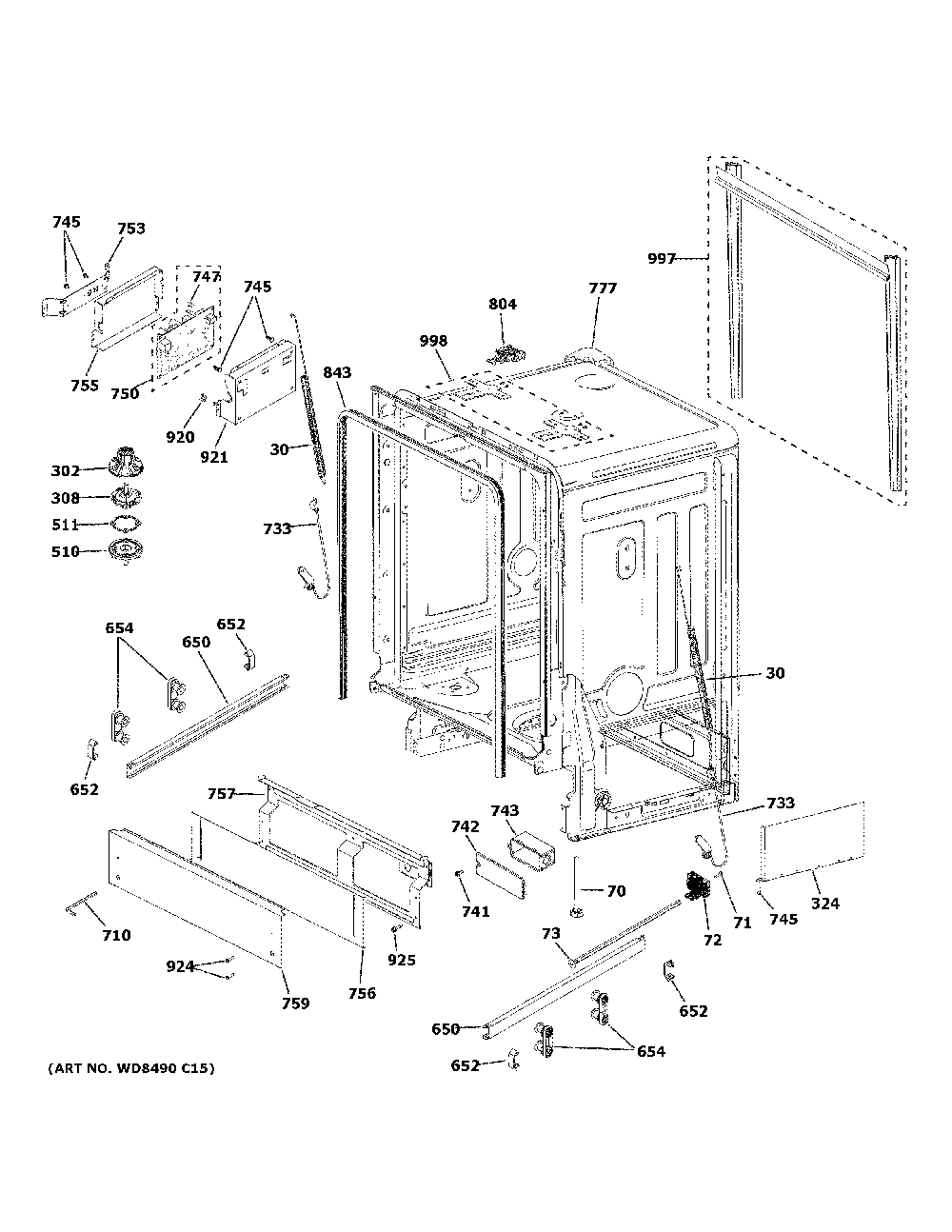 Body Parts Diagram and Parts List for GDT226SIL0II  General Electric Dishwasher