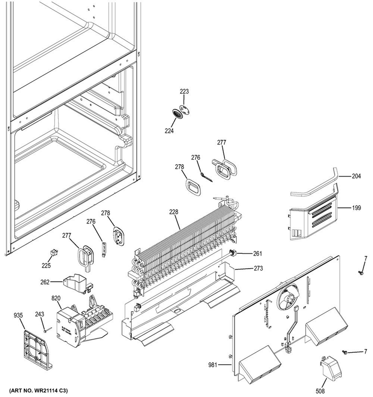 Freezer Section Diagram and Parts List for CNE25SSKAKSS  General Electric Refrigerator