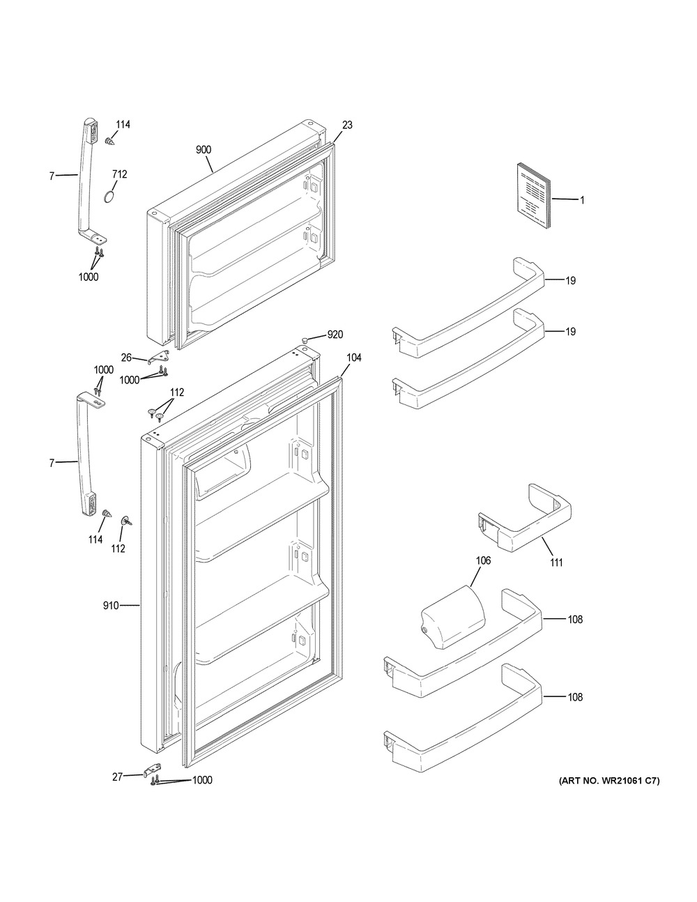 Doors Diagram and Parts List for GIE18ETHMRWW  General Electric Refrigerator