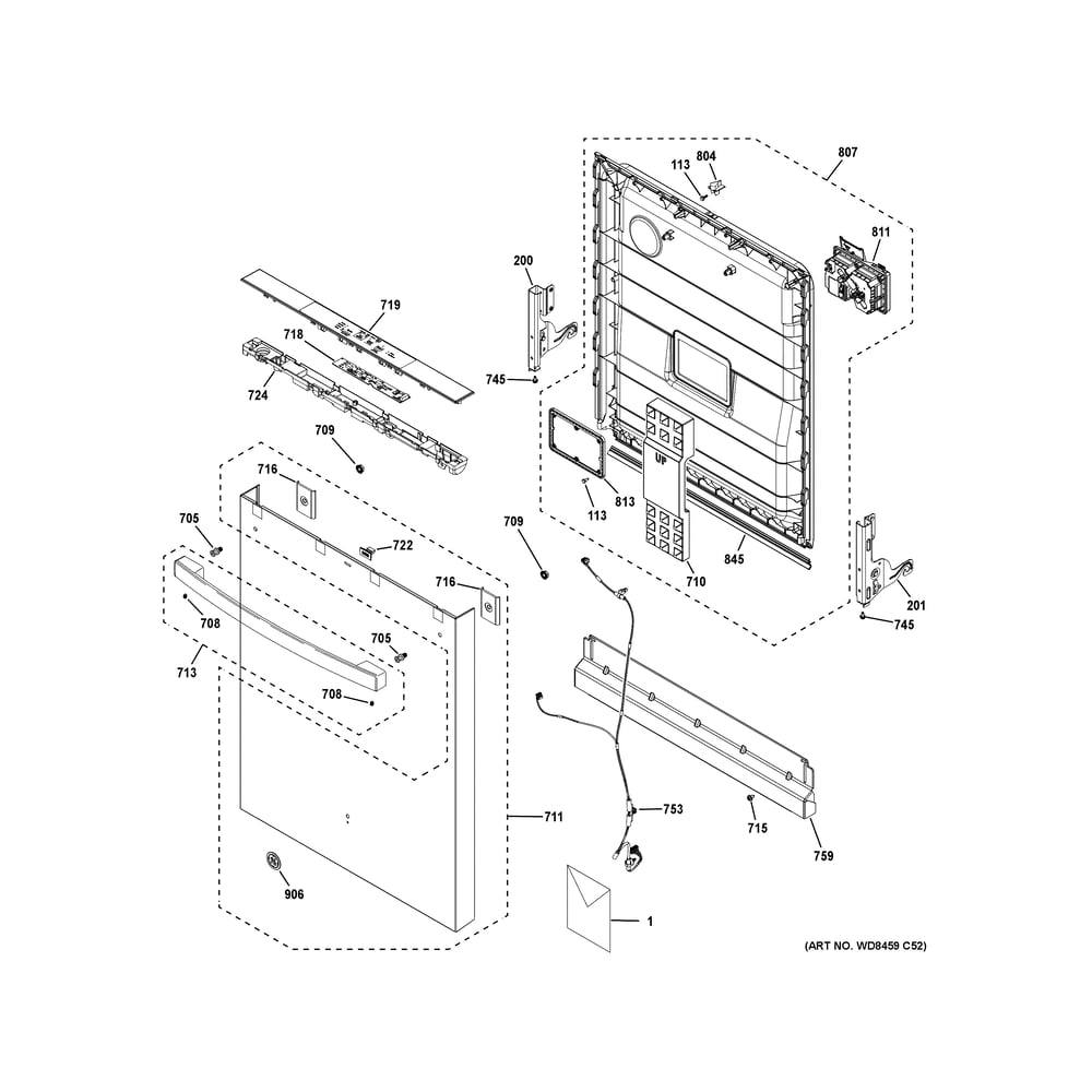 Escutcheon And Door Assembly Diagram and Parts List for GDT585HYY0FS  General Electric Dishwasher