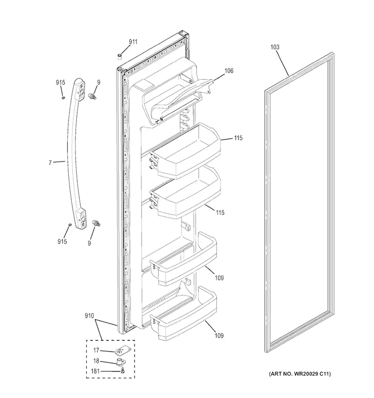 Fresh Food Door Diagram and Parts List for GSE22ETHCBB  General Electric Refrigerator